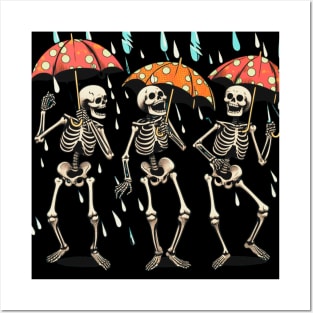 Laughing skeletons outside in the rain. Posters and Art